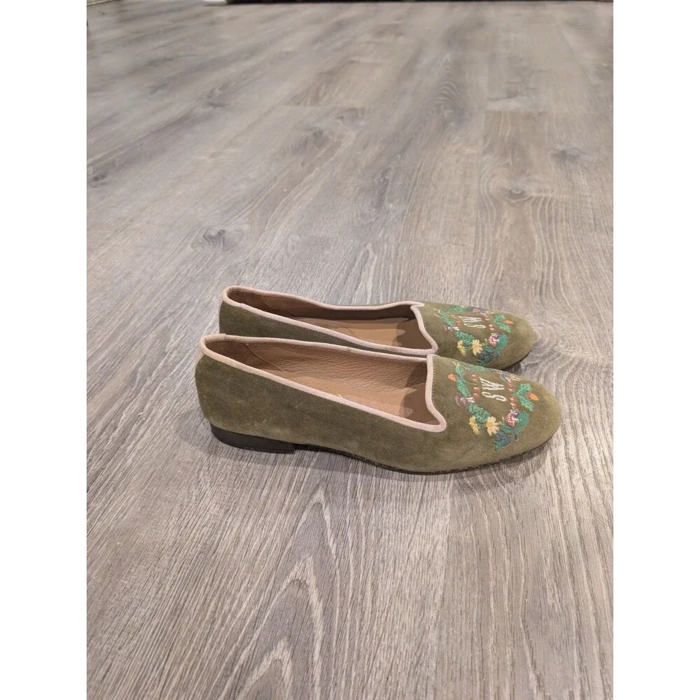 Stubbs & Wootton Green Velvet Embroidered Floral Slip-On Loafer Flat Womens 7.5